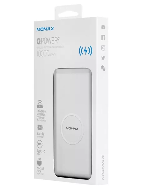 внешний аккумулятор с беспроводной QI зарядкой Momax Q.Power2 Wireless Ext Battery 10000 (IP81) white