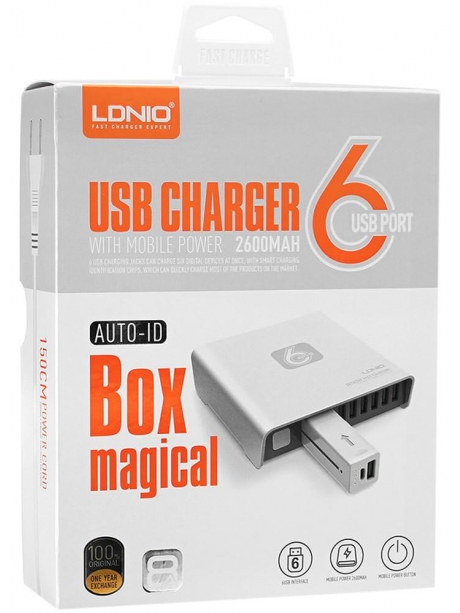 USB зарядное устройство с Power Bank LDNIO A6802 6USB/8А with Mobile Power bank 2600mAh white