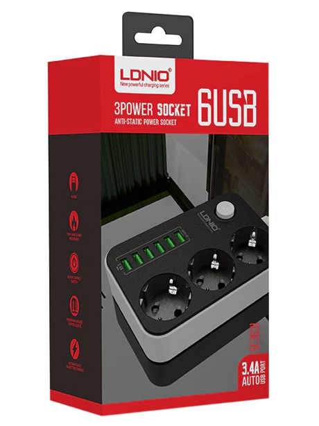сетевой фильтр с USB LDNIO SE3631 6USB*3 розетки 1,6м grey