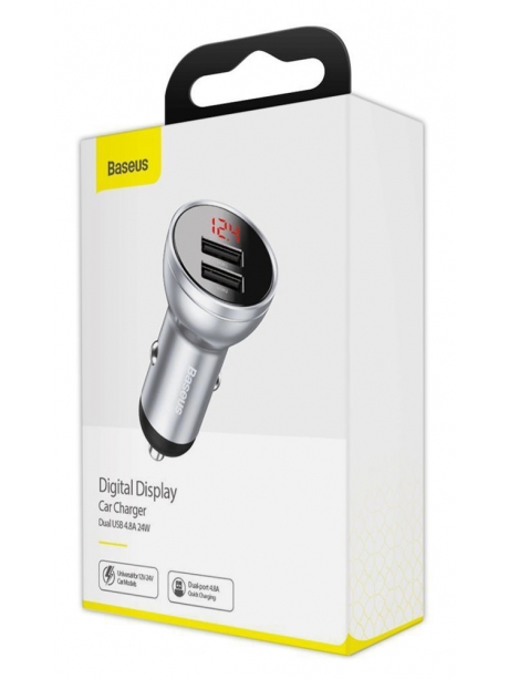 автомобильная зарядка в прикуриватель с дисплеем Baseus Digital Display Dual USB 4.8A Car Charger 24W silver