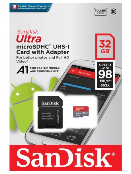 карта памяти с переходником SanDisk 32GB microSDHC Cl10 U1 Ultra Android 100MB/s 