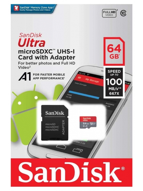 карта памяти с переходником SanDisk 64GB microSDXC Cl10 UHS-1 Ultra Android 100MB/s 