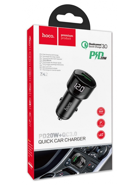 автомобильная зарядка c дисплеем Hoco Z42 Light road dual port digital display PD20W+QC3.0 car charger black