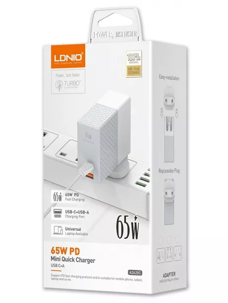 быстрое зарядное устройство LDNIO A2620C 65W PD + QC3.0 + кабель Type-C - Type-C white