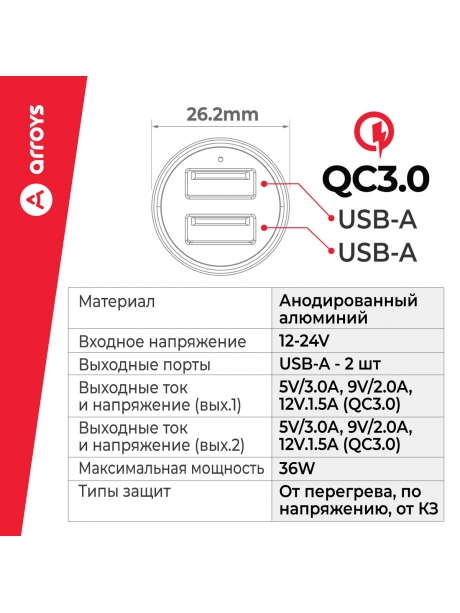 автомобильное зарядное устройство для смартфона Arroys CR-4 