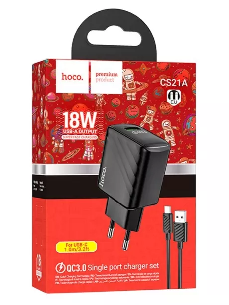быстрое зарядное устройство с кабелем Hoco CS21A Rich single port QC3.0 charger set(Type-C) black