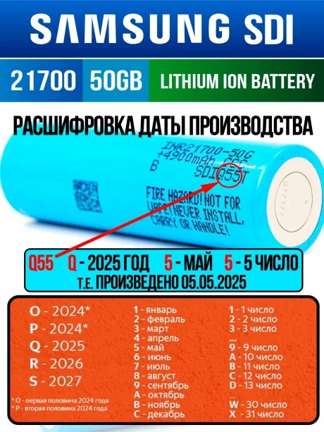 литиевый высокотоковый аккумулятор без защиты Samsung INR21700-50GB 130шт. 